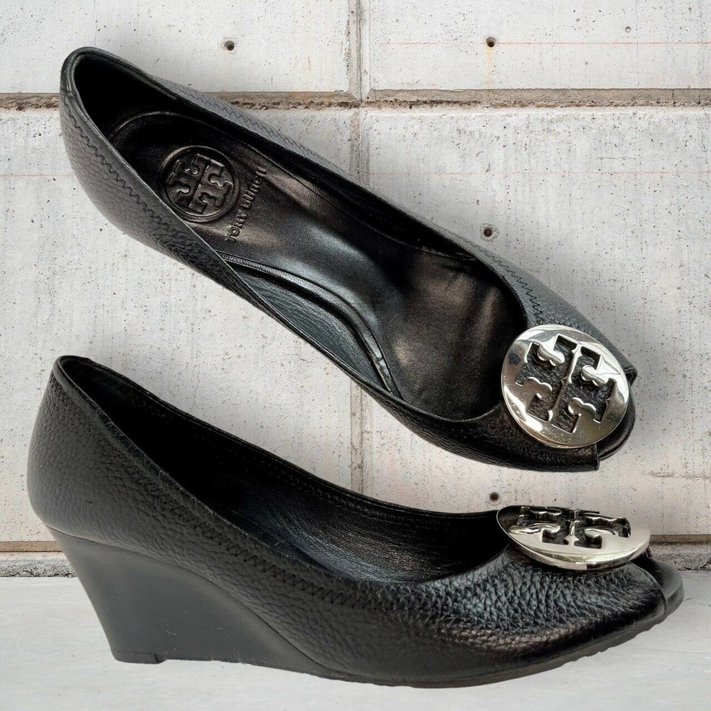 TORY BURCH 'Sally 2' Peep Toe Wedge Pump Black w/Silver Medallion Size 7.5M EUC